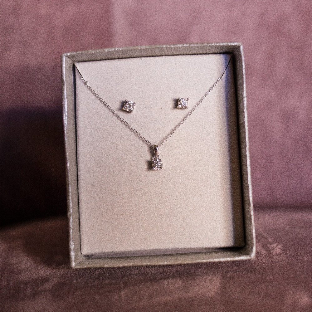 Silver Cubic Zirconia Necklace, Earring Set. Square Cubic Zirconia Necklace.